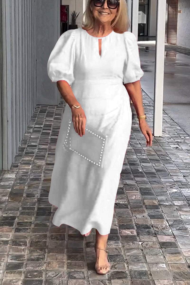 Robe Puff Intemporelle - Robe midi trapèze pour femme, blanche - Image 3