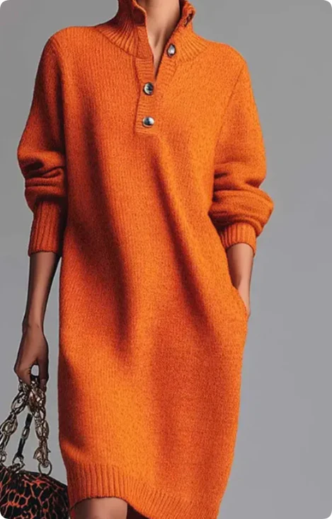 Robe Pull Femme à Manches Longues – Col Montant à V avec Boutons - Image 10
