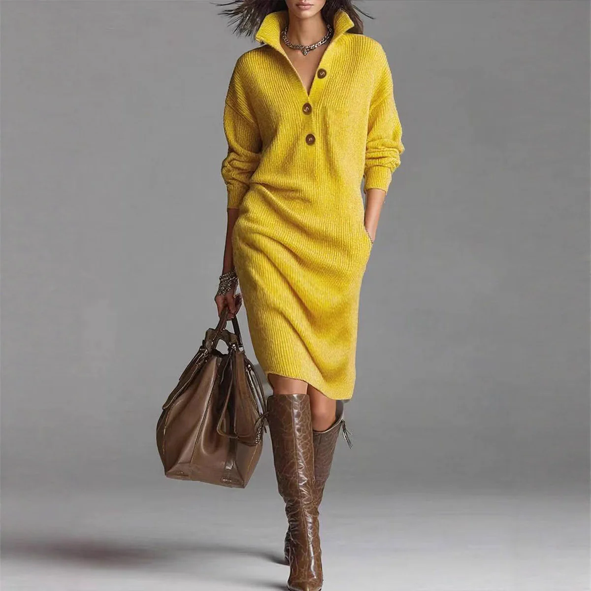 Robe Pull Femme à Manches Longues – Col Montant à V avec Boutons - Image 2
