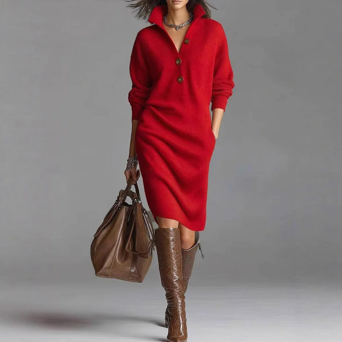Robe Pull Femme à Manches Longues – Col Montant à V avec Boutons - Image 3