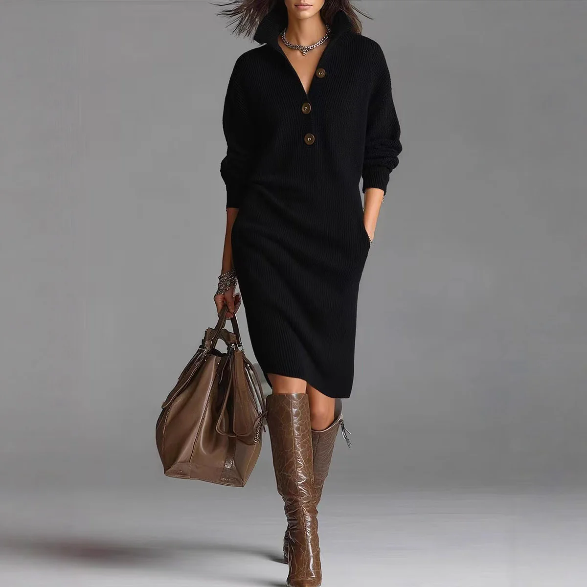 Robe Pull Femme à Manches Longues – Col Montant à V avec Boutons - Image 5