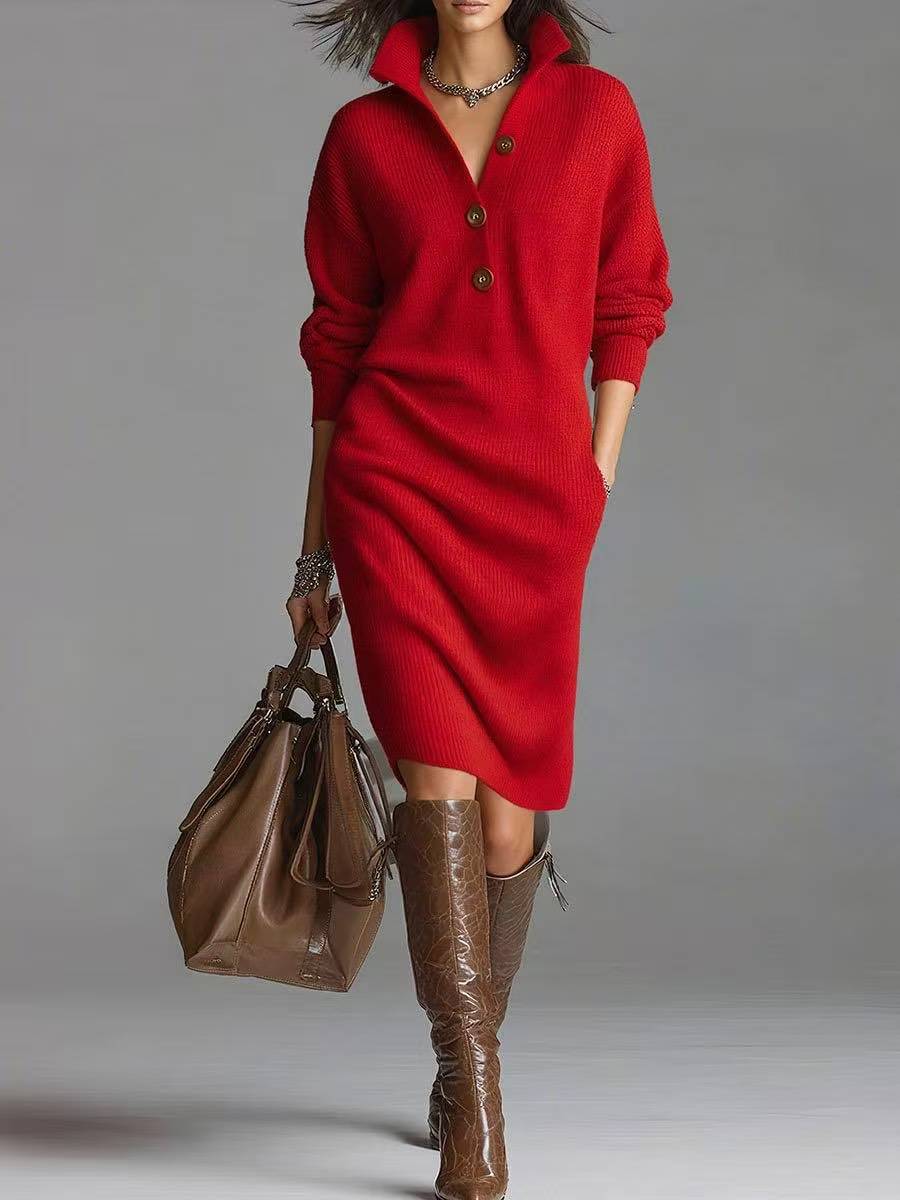 Robe Pull Femme à Manches Longues – Col Montant à V avec Boutons - Image 6