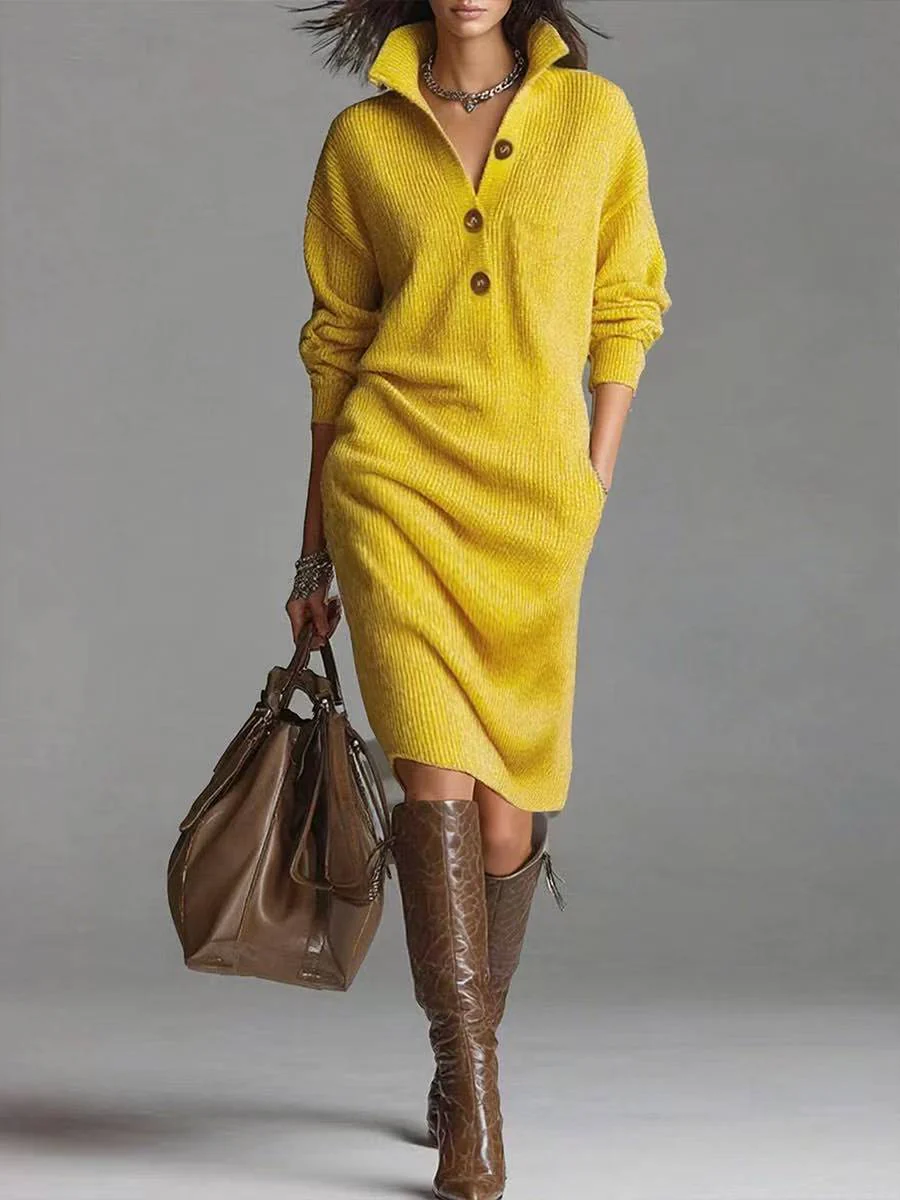 Robe Pull Femme à Manches Longues – Col Montant à V avec Boutons - Image 7