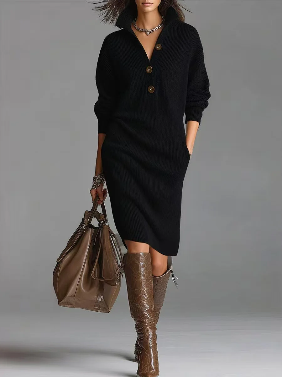 Robe Pull Femme à Manches Longues – Col Montant à V avec Boutons - Image 8
