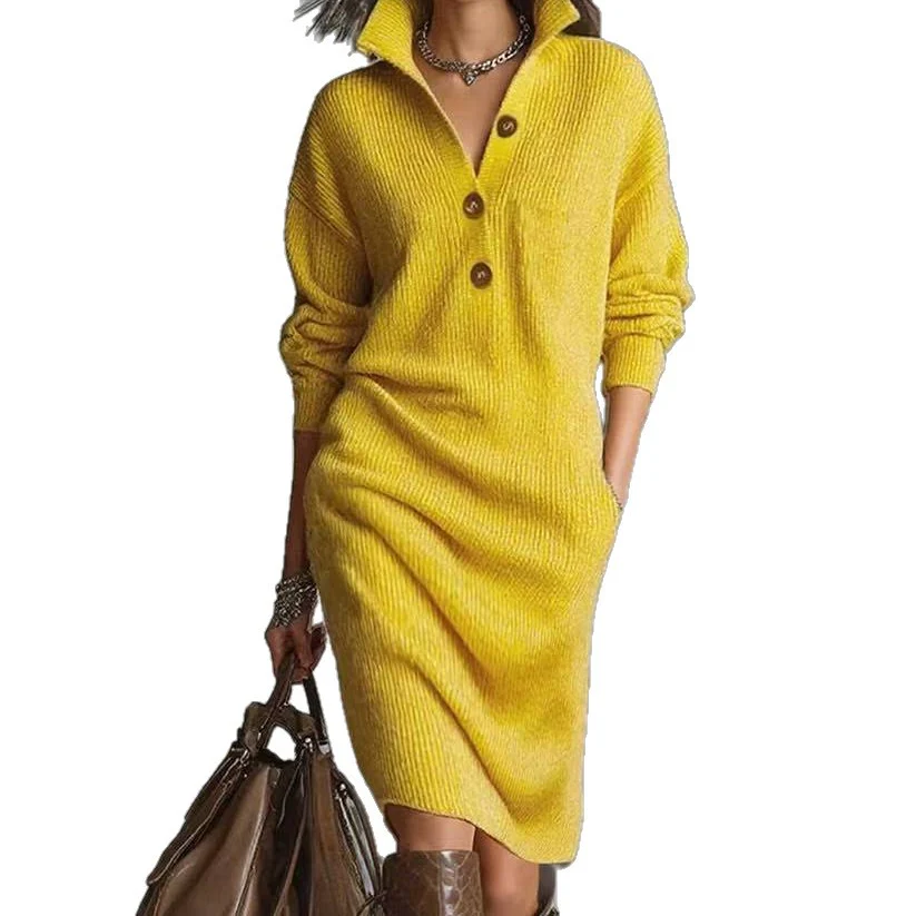 Robe Pull Femme à Manches Longues – Col Montant à V avec Boutons - Image 9