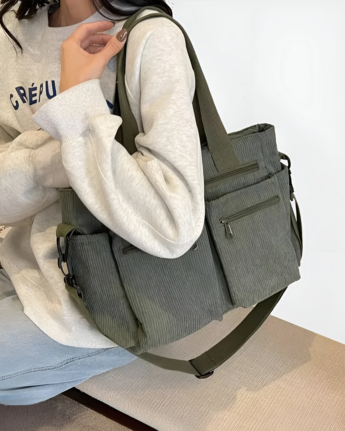 Sac fourre-tout en velours côtelé pour femme – Léger, zippé, sac quotidien - Image 3