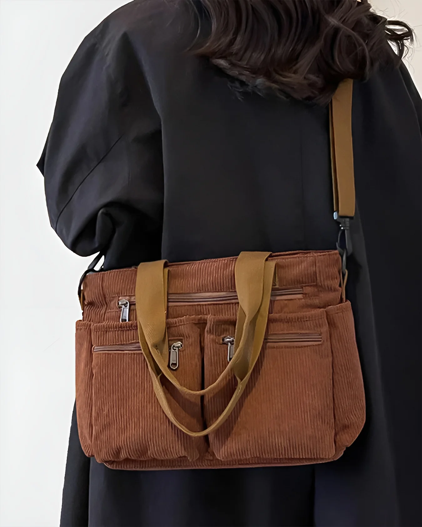 Sac fourre-tout en velours côtelé pour femme – Léger, zippé, sac quotidien - Image 4