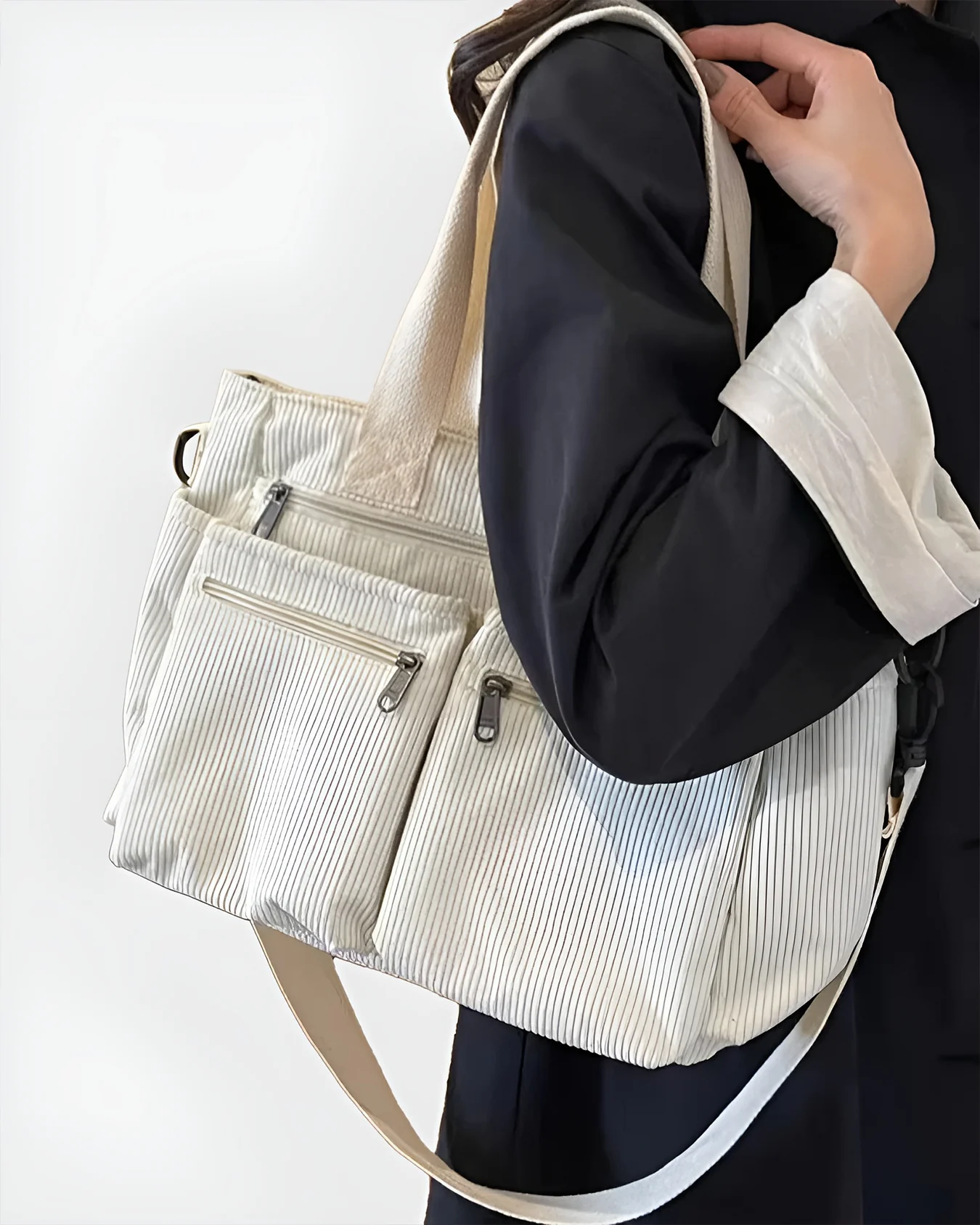 Sac fourre-tout en velours côtelé pour femme – Léger, zippé, sac quotidien - Image 5