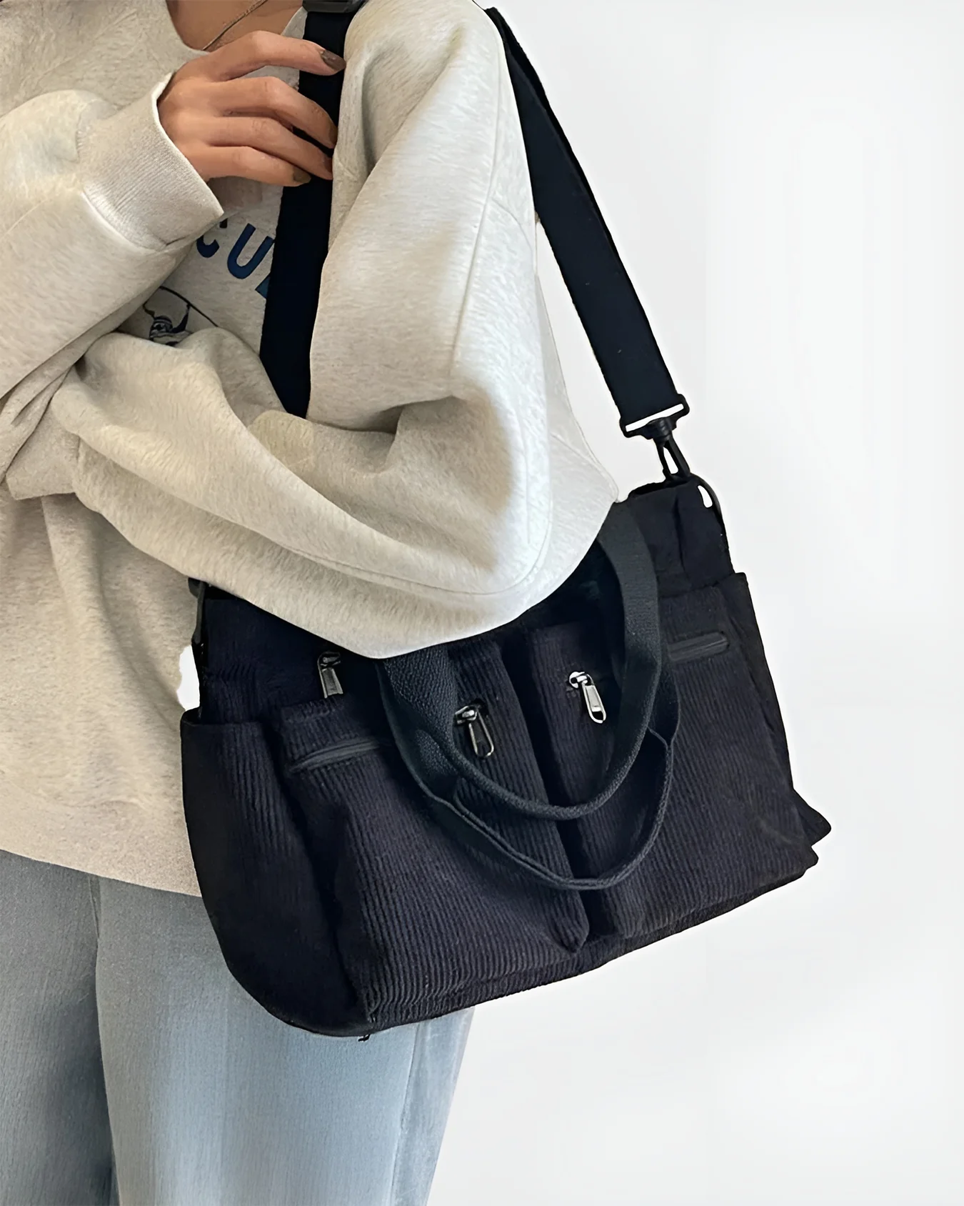 Sac fourre-tout en velours côtelé pour femme – Léger, zippé, sac quotidien - Image 6