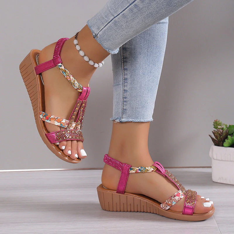 Sandales compensées boho élégantes pour femme avec strass – Ouvertes et confortables pour l’été - Image 2