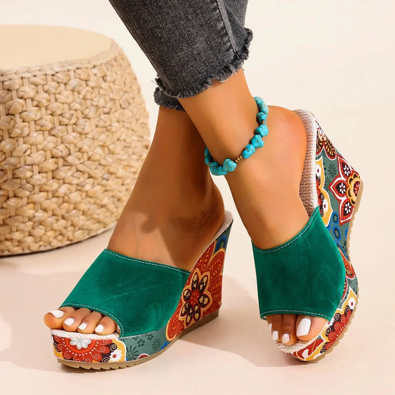 Sandales Femme Bohème à Talon Compensé Velours – Style Élégant Confort Été - Image 2