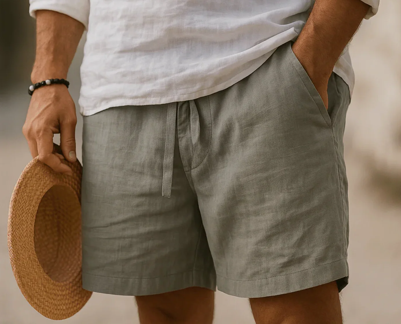 Short en lin homme été – Bermuda léger taille élastique avec poches - Image 2
