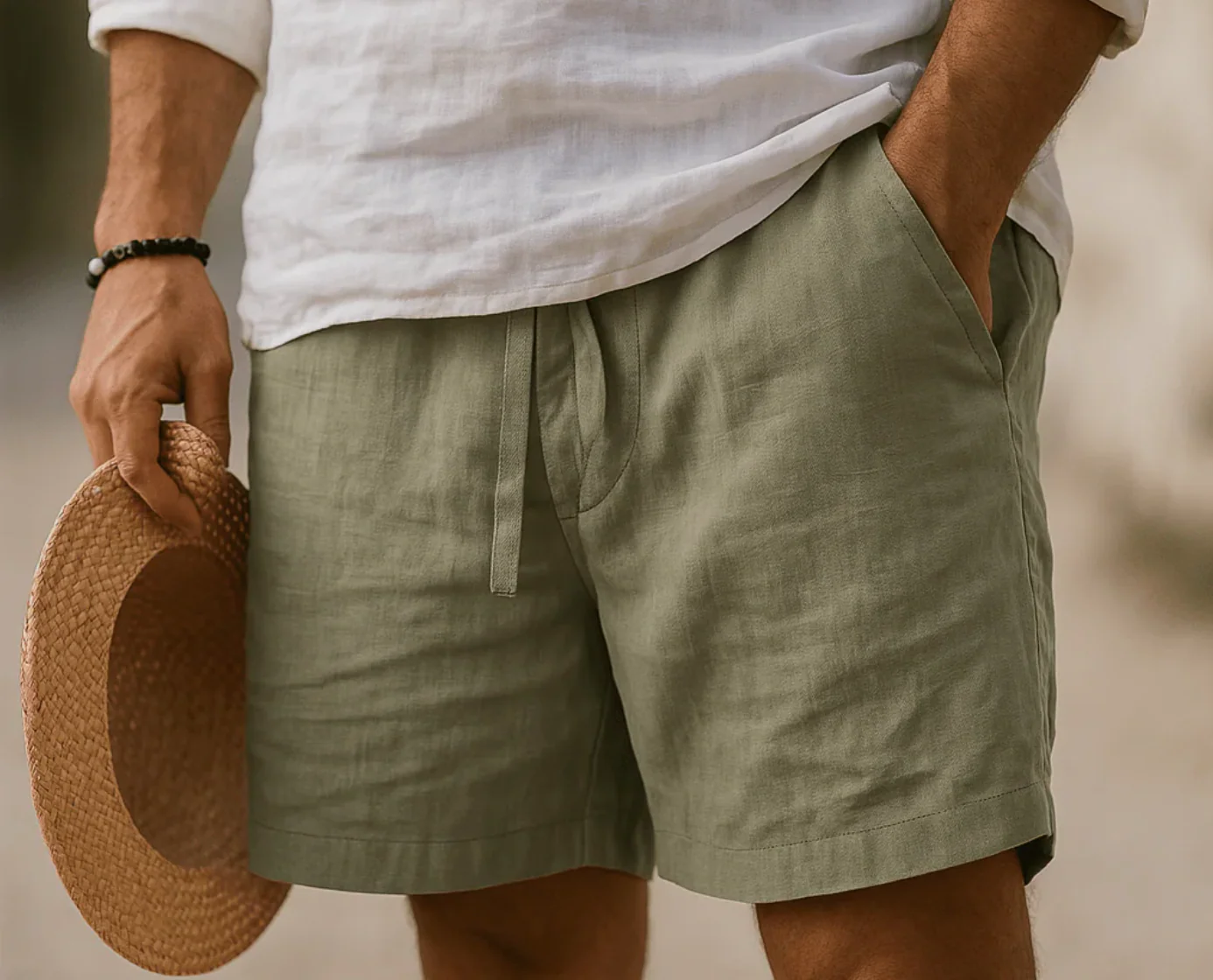 Short en lin homme été – Bermuda léger taille élastique avec poches - Image 3