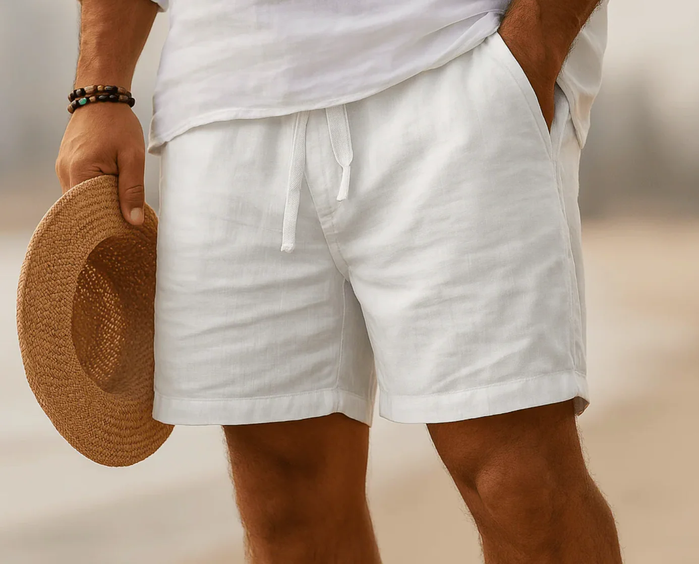 Short en lin homme été – Bermuda léger taille élastique avec poches - Image 4