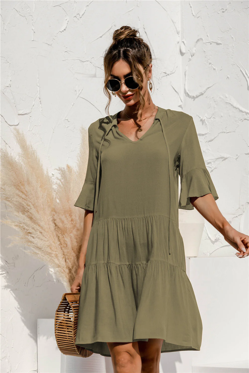 Robe Mini Femme à Col V – Style Été Taille Basse à Volants - Image 3