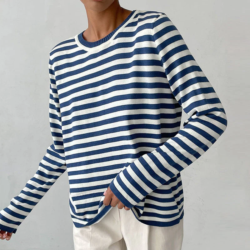 Sweat-Shirt Tricoté Rayé à Manches Longues pour Femme – Haut Décontracté Col Rond