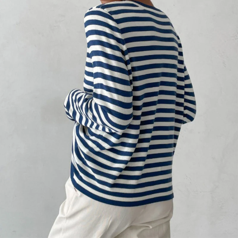 Sweat-Shirt Tricoté Rayé à Manches Longues pour Femme – Haut Décontracté Col Rond - Image 4