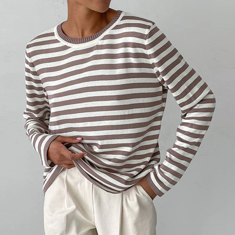 Sweat-Shirt Tricoté Rayé à Manches Longues pour Femme – Haut Décontracté Col Rond - Image 6