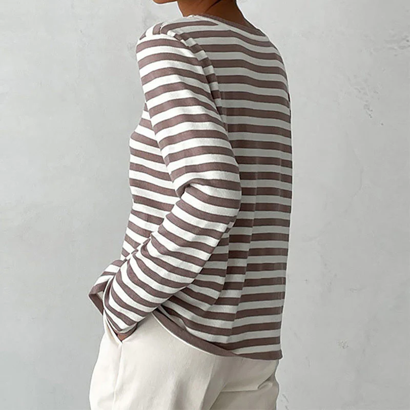 Sweat-Shirt Tricoté Rayé à Manches Longues pour Femme – Haut Décontracté Col Rond - Image 9