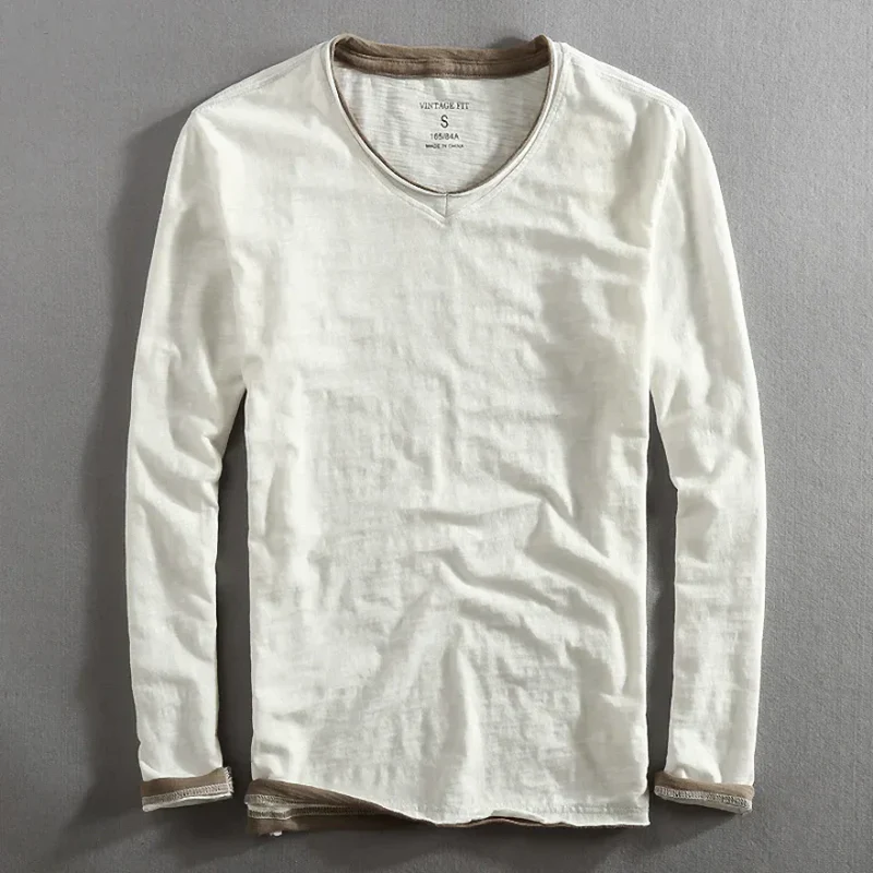 T-shirt Homme Décontracté en Coton Col V Manches Longues – Tee-Shirt Basique Confortable - Image 3