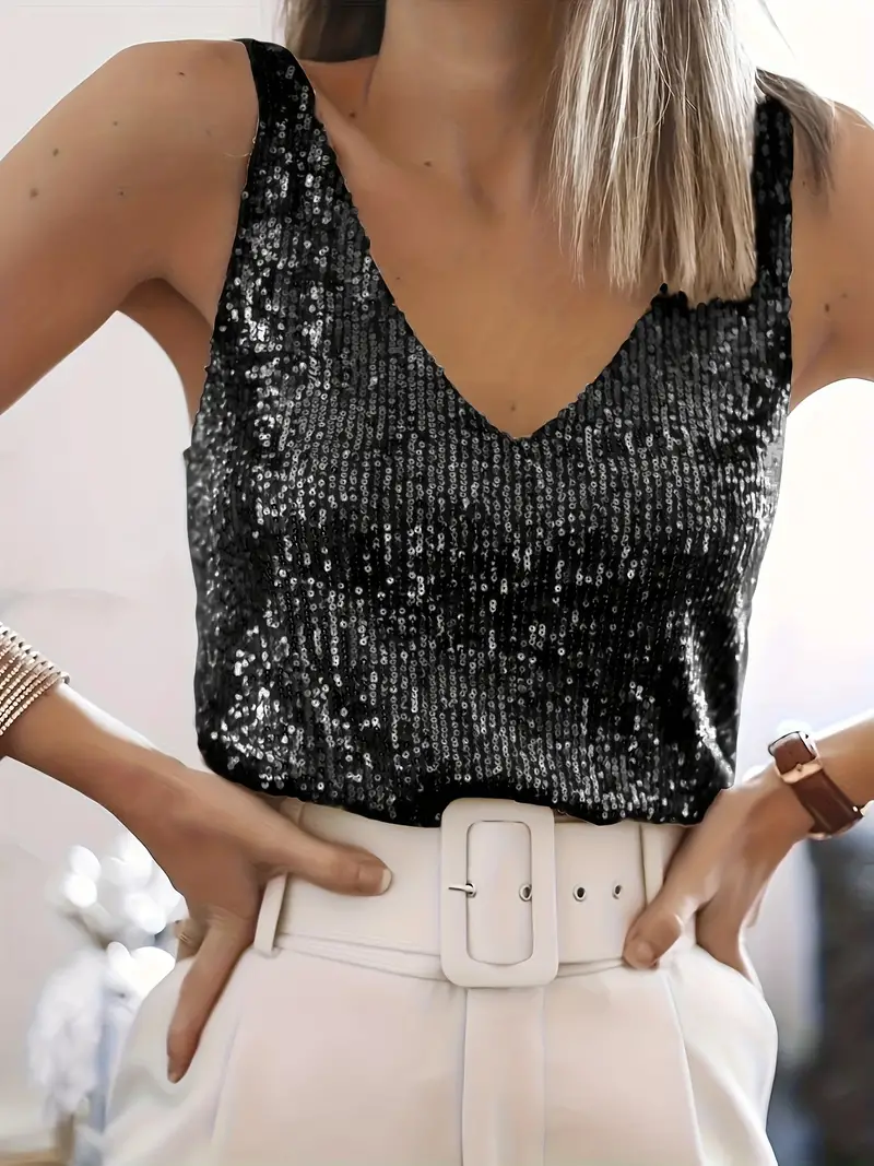 Top à paillettes à col en V pour femme – Style élégant et scintillant pour les soirées. - Image 5
