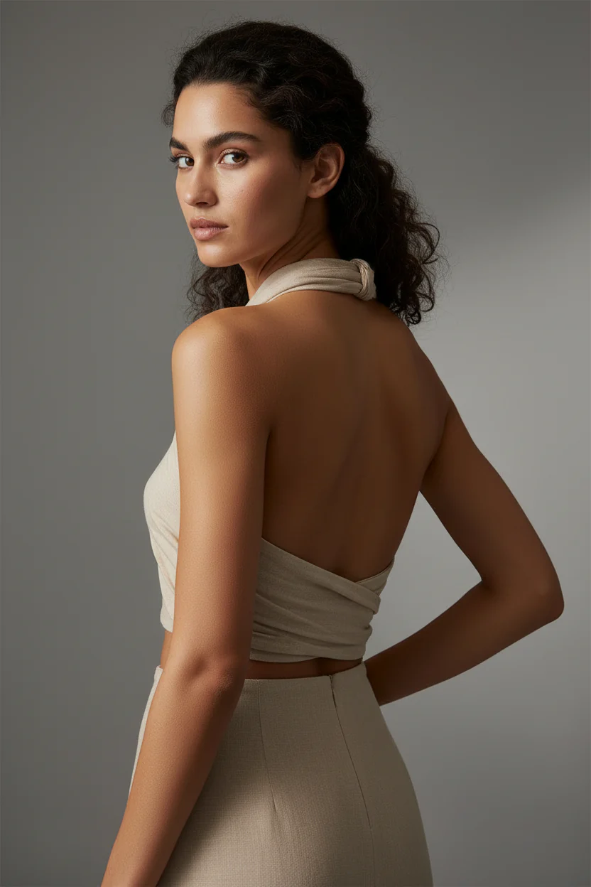 Top court halter femme avec detail croise - Ajuste et tendance - Image 2