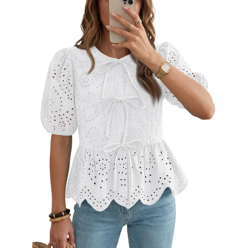 Top femme a volants manches bouffantes avec ceinture - Elegant et feminin - Image 2