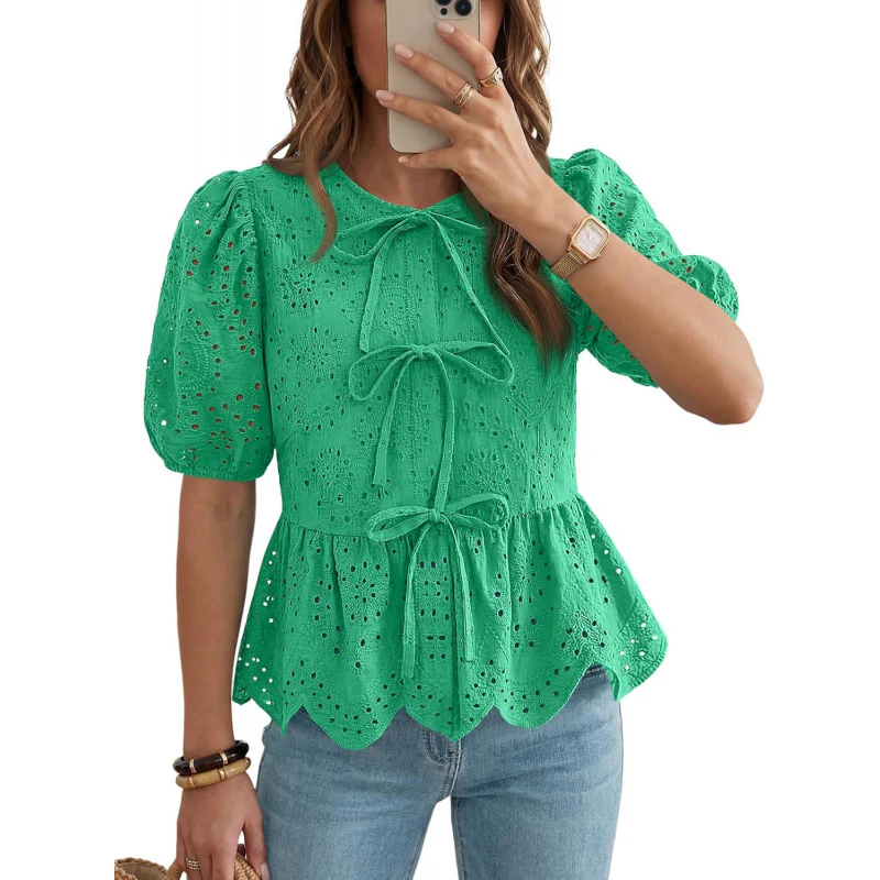 Top femme a volants manches bouffantes avec ceinture - Elegant et feminin - Image 8