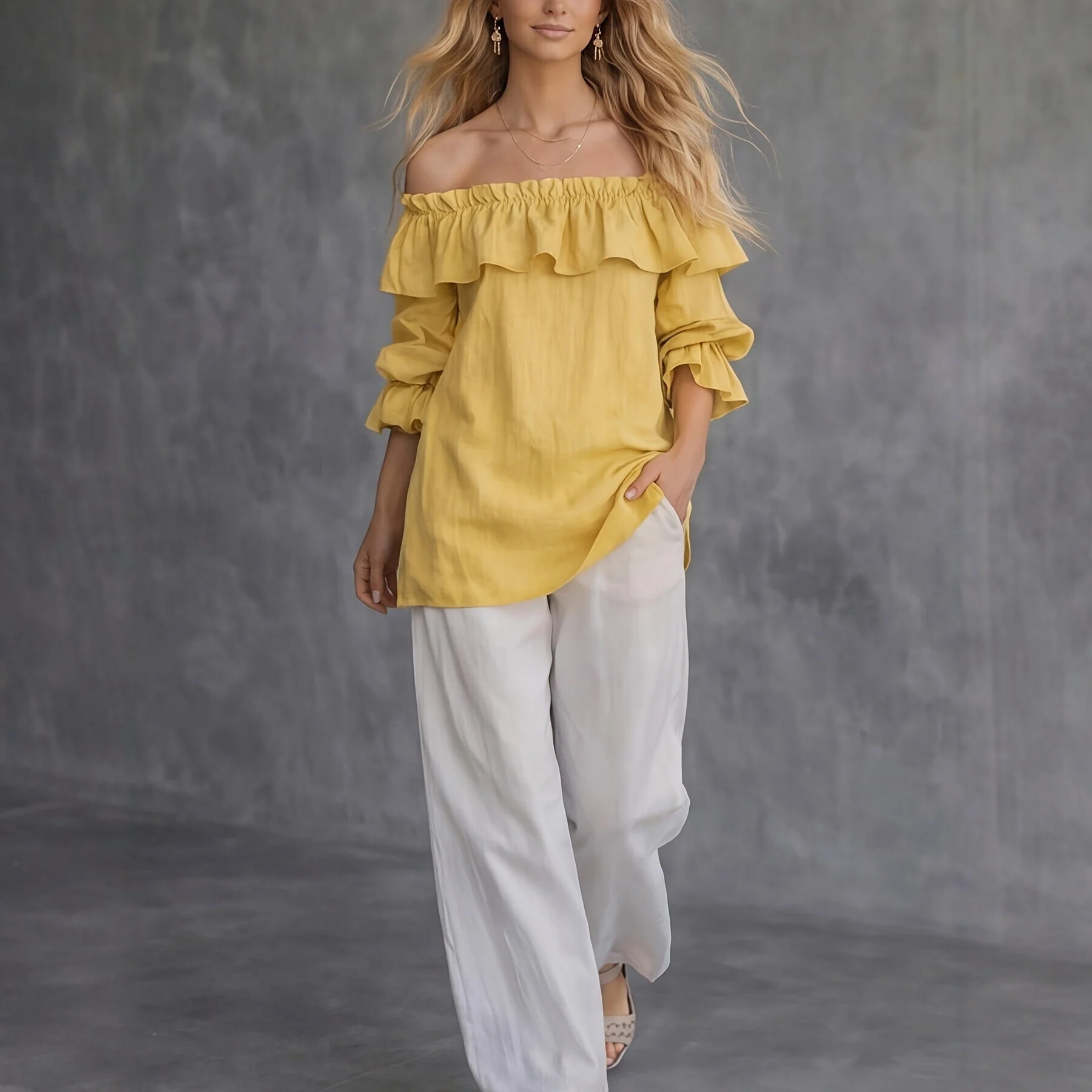 Top femme asymetrique a volants manches bouffantes - Fluide et elegant - Image 2