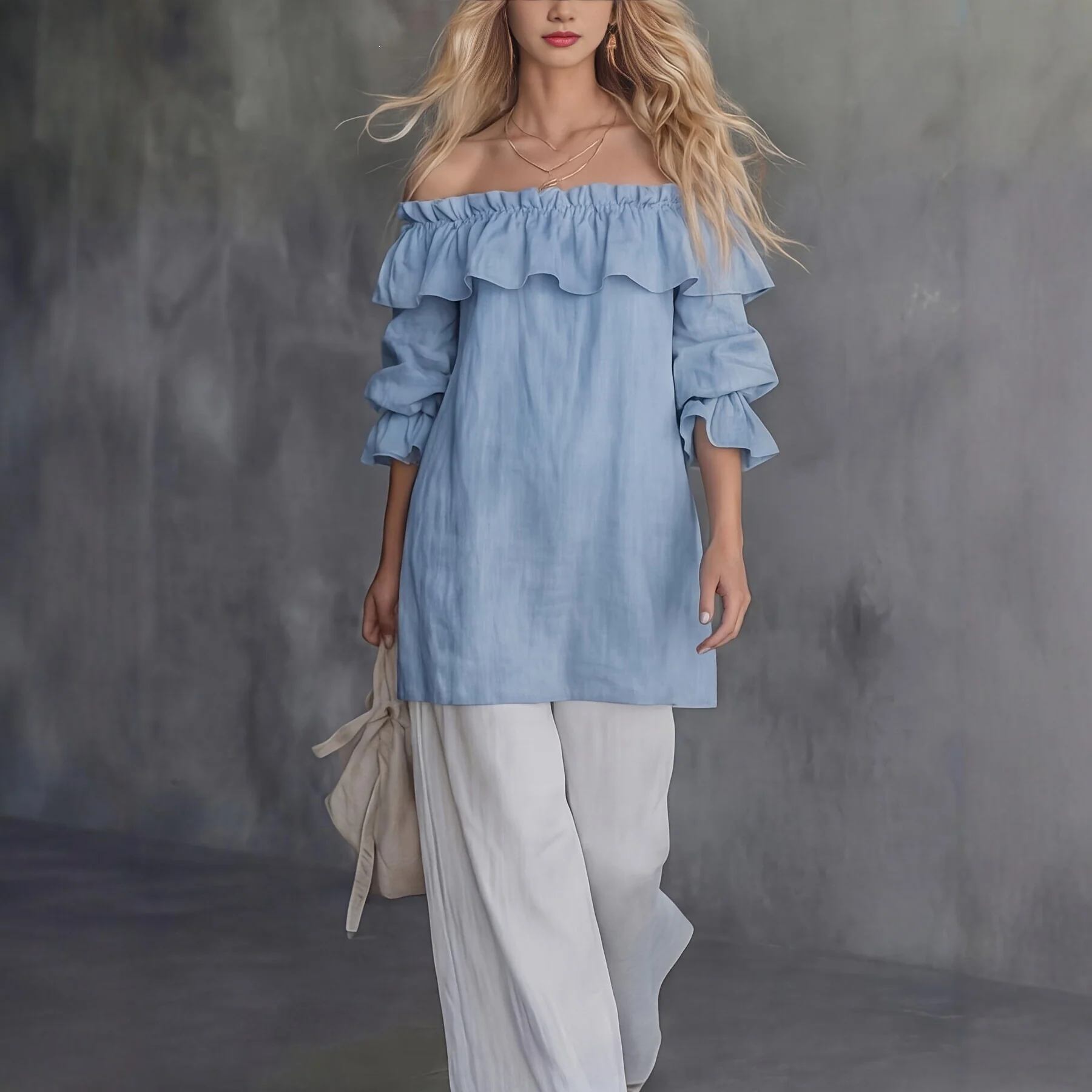 Top femme asymetrique a volants manches bouffantes - Fluide et elegant - Image 3
