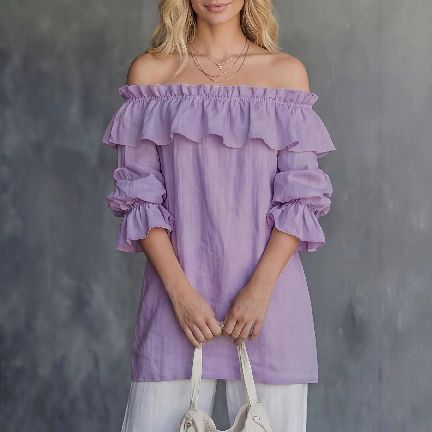 Top femme asymetrique a volants manches bouffantes - Fluide et elegant - Image 4