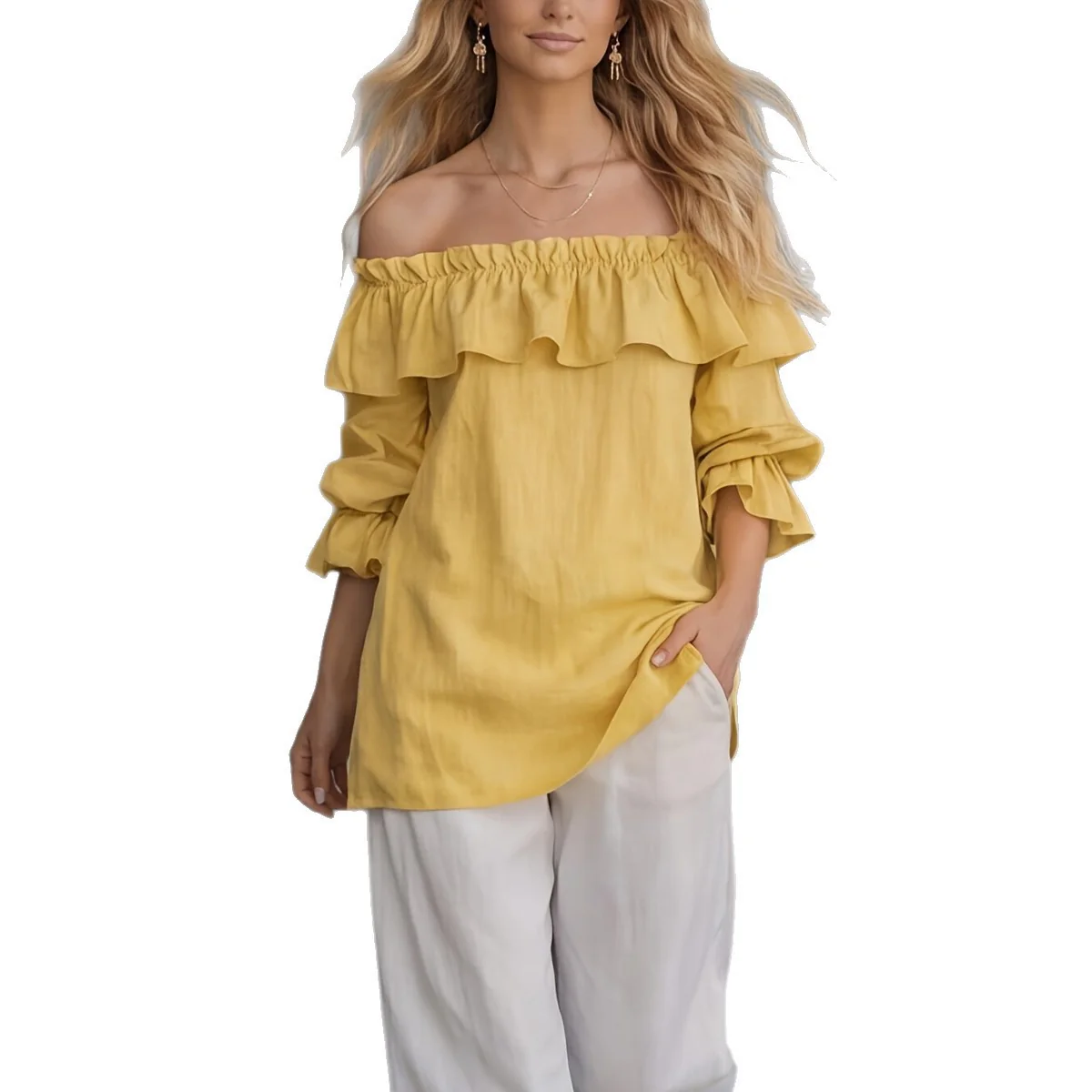 Top femme asymetrique a volants manches bouffantes - Fluide et elegant - Image 5