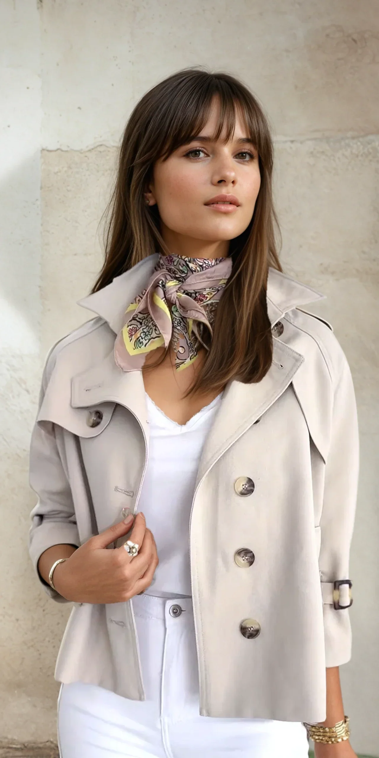 Trench-coat court élégant pour femme – Vêtements d'extérieur beiges à boutons - Image 3