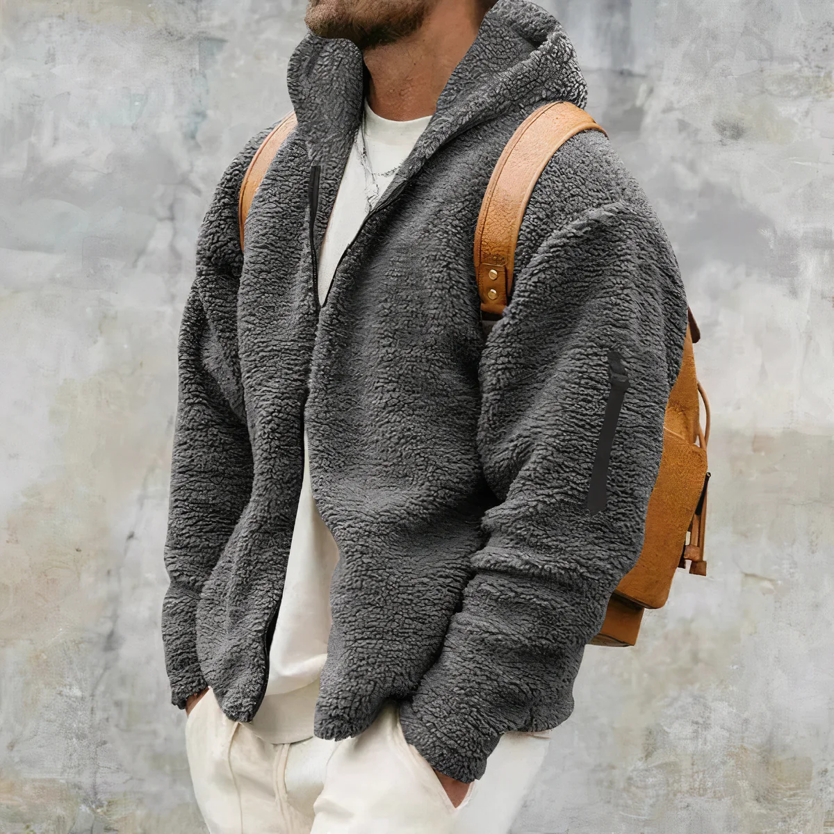 Veste à capuche en sherpa pour homme – Épais manteau zippé d’hiver - Image 2