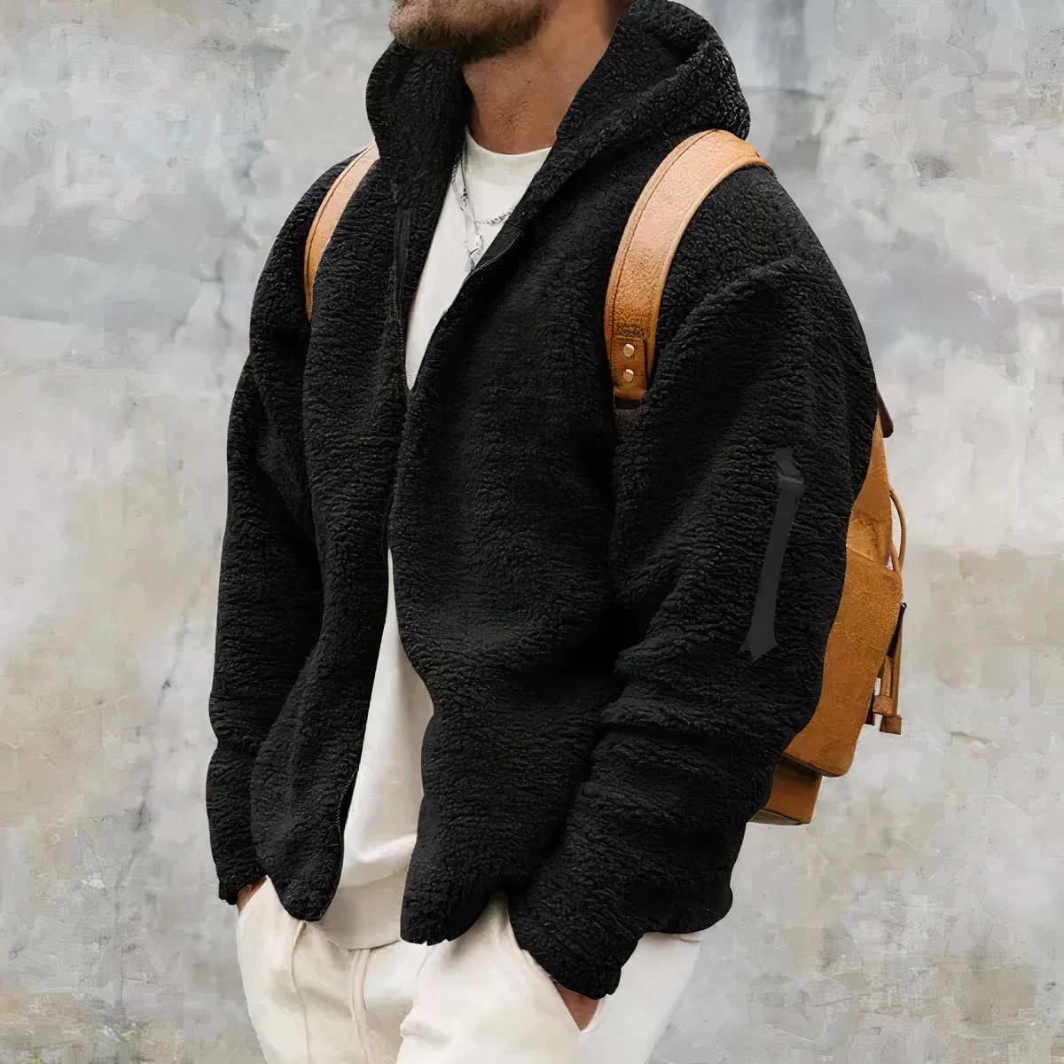Veste à capuche en sherpa pour homme – Épais manteau zippé d’hiver - Image 3