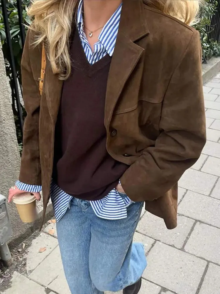 Veste Blazer Oversize Élégante en Daim Marron pour Femme – Confort - Image 2