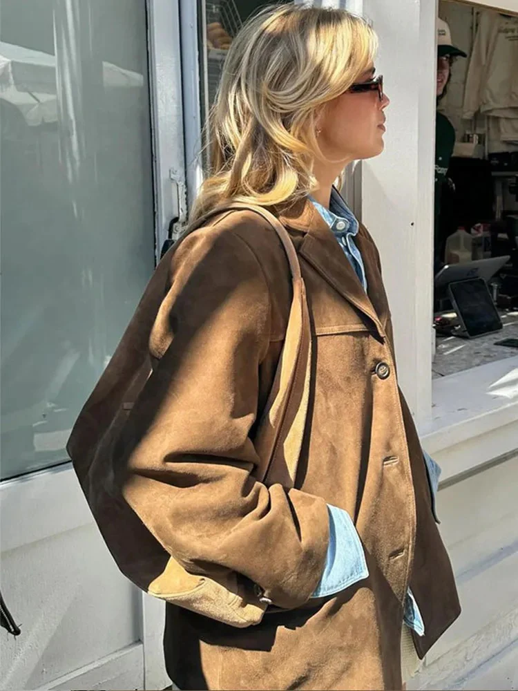 Veste Blazer Oversize Élégante en Daim Marron pour Femme – Confort - Image 3