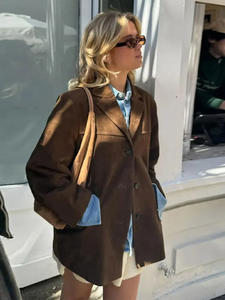 Veste Blazer Oversize Élégante en Daim Marron pour Femme – Confort - Image 4