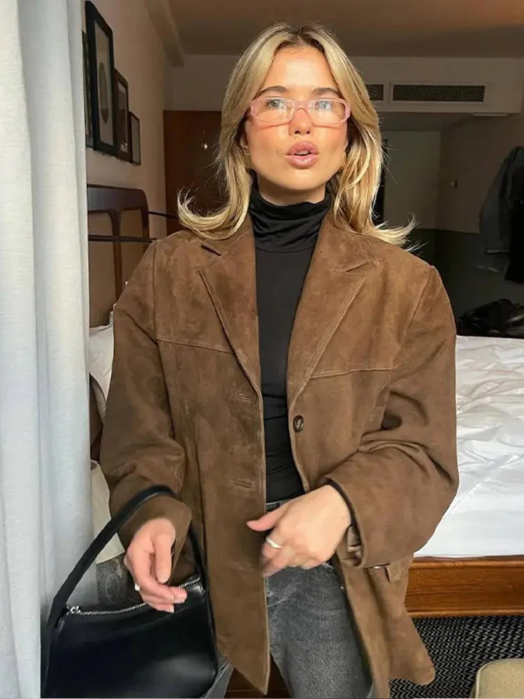 Veste Blazer Oversize Élégante en Daim Marron pour Femme – Confort - Image 5