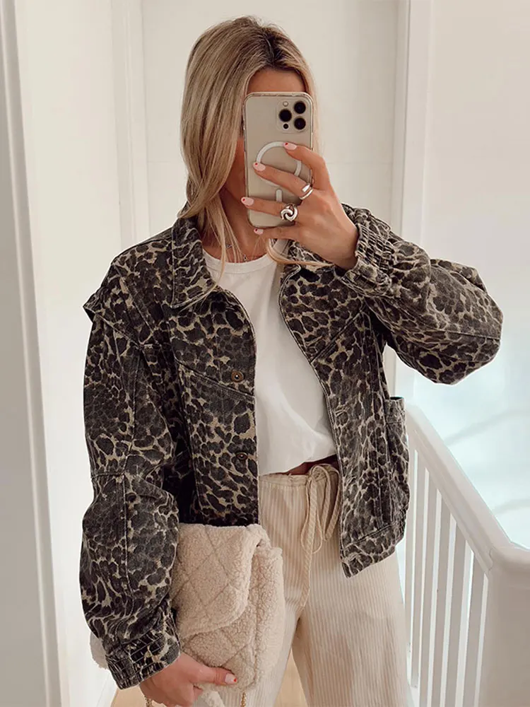 Veste courte à imprimé léopard pour femme – Vêtements d'extérieur décontractés haut de gamme
