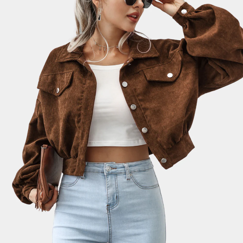 Veste courte en velours côtelé pour femme – Manteau à manches bouffantes boutonnées - Image 2