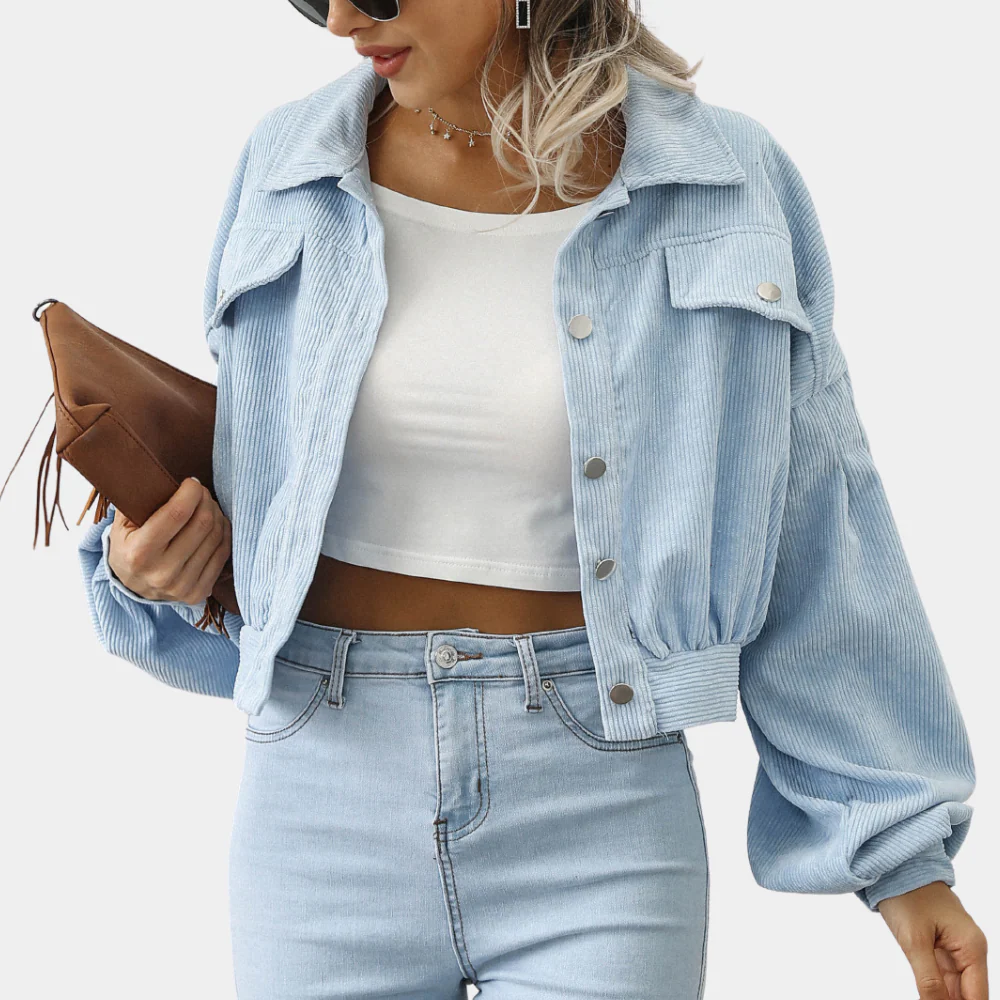 Veste courte en velours côtelé pour femme – Manteau à manches bouffantes boutonnées - Image 3