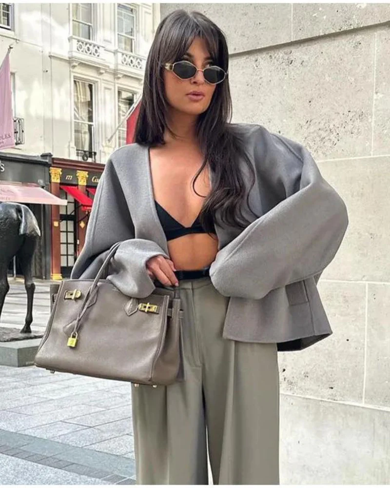 Veste Courte Femme en Mélange de Laine – Col V à Boutonnage Simple Décontractée - Image 2