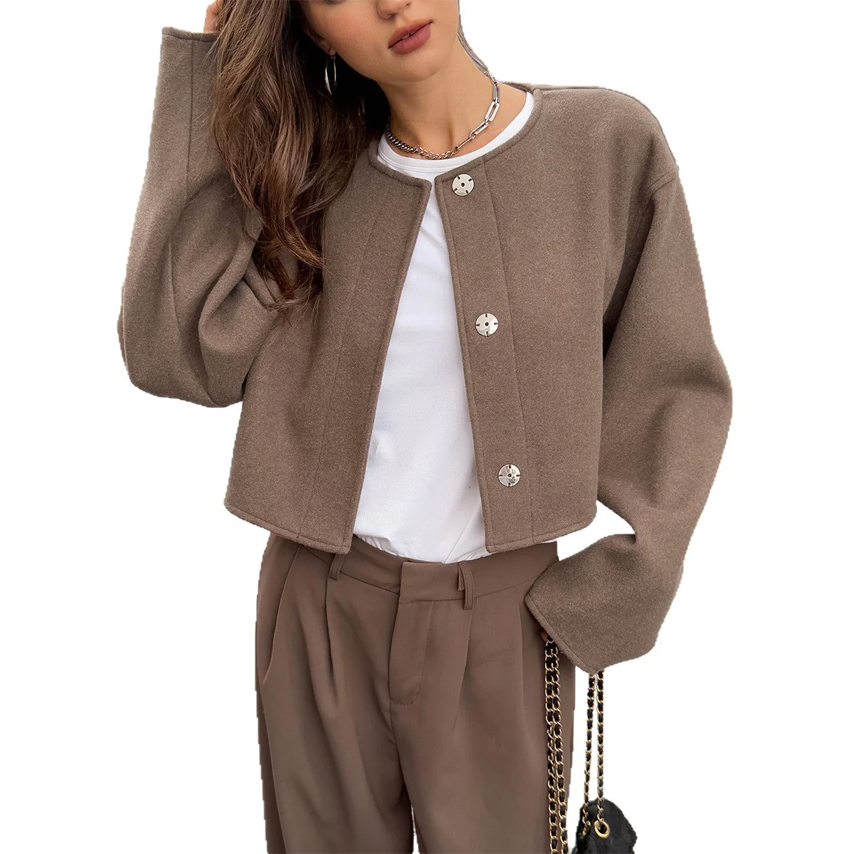 Veste courte premium en mélange de laine pour femme – Pea coat à manches longues - Image 5