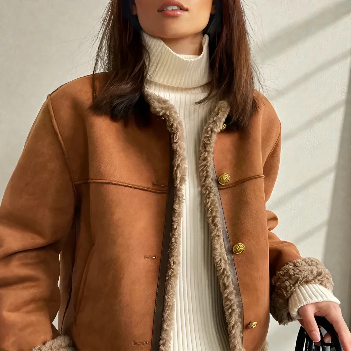 Veste d'hiver pour femmes premium doublée en polaire – Manteau épais marron à col rond - Image 2