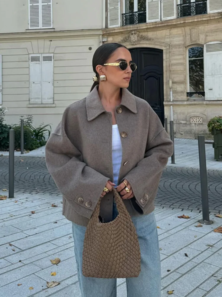 Veste Élégante en Laine Mélangée pour Femme – Manteau Oversize Boutonné