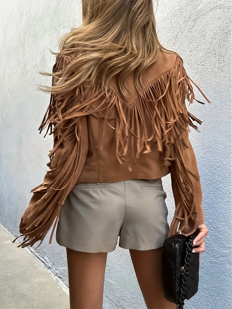 Veste en Suède pour Femme avec Col à Revers et Franges – Élégance Bohème - Image 5
