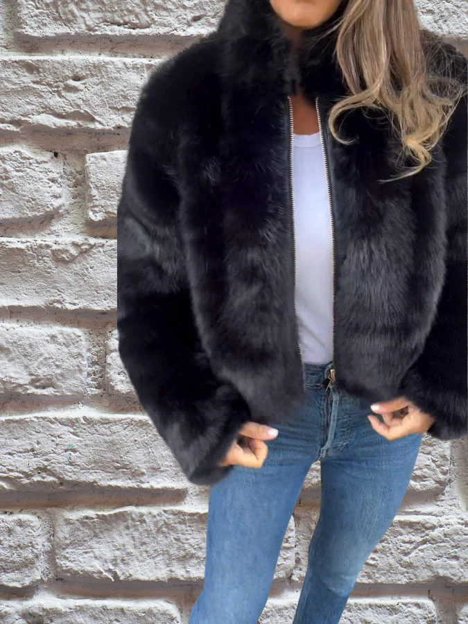 Veste Femme Courte Zippée Manches Longues Avec Fausse Fourrure - Image 2