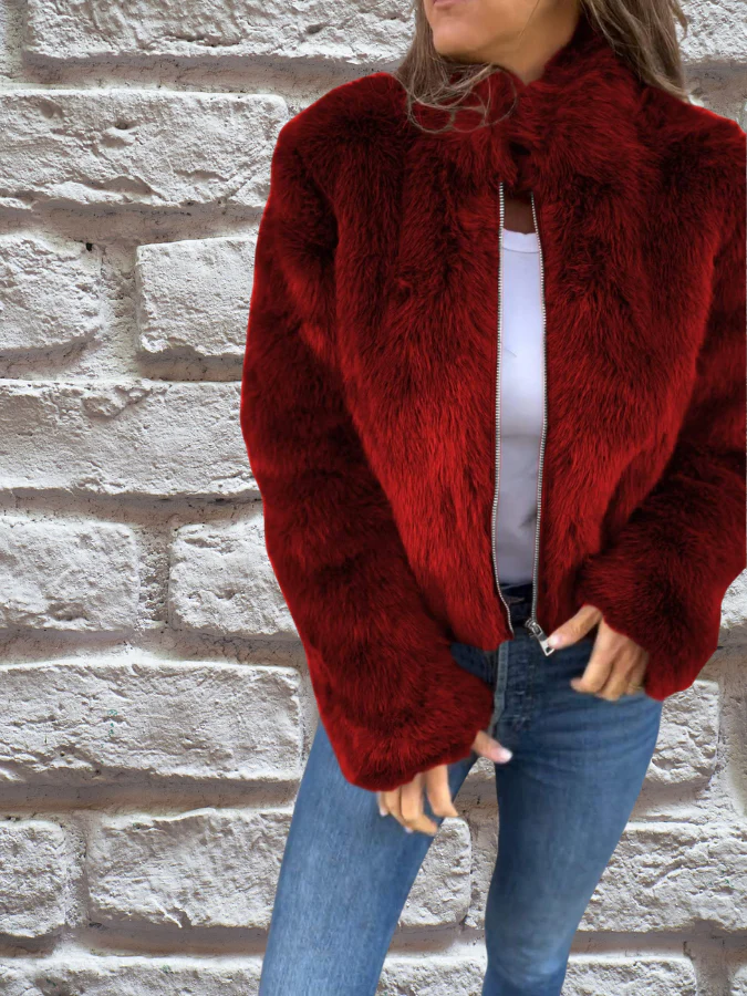 Veste Femme Courte Zippée Manches Longues Avec Fausse Fourrure - Image 3