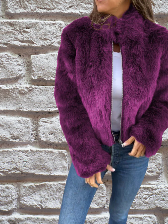 Veste Femme Courte Zippée Manches Longues Avec Fausse Fourrure - Image 4